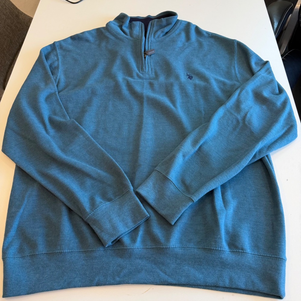 US Polo Assn Mens XXL Blue Quarter Zip Ribbed Pullover Sweater Cotton Blend